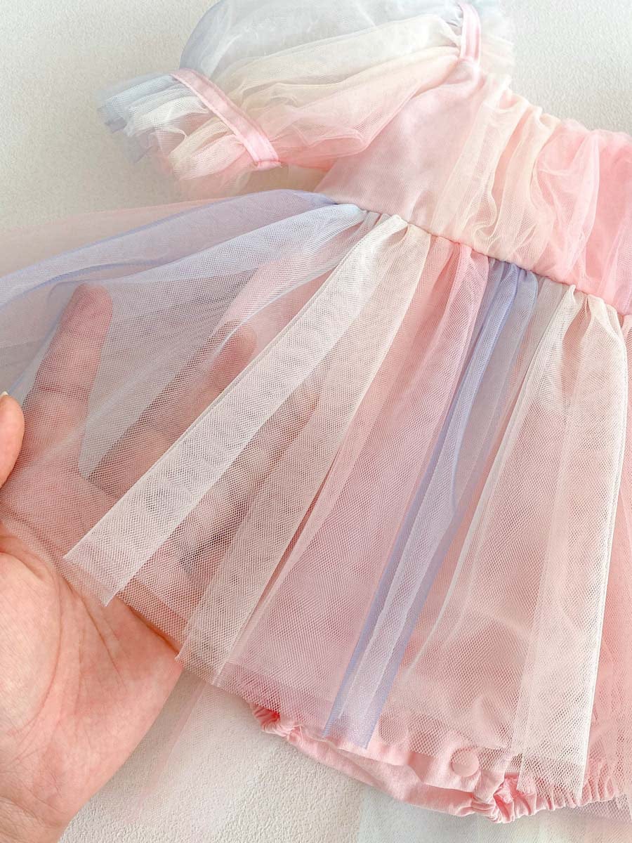 半袖ロンパース レインボーチュール半袖パフスリーブドレスロンパース【mh0010321】