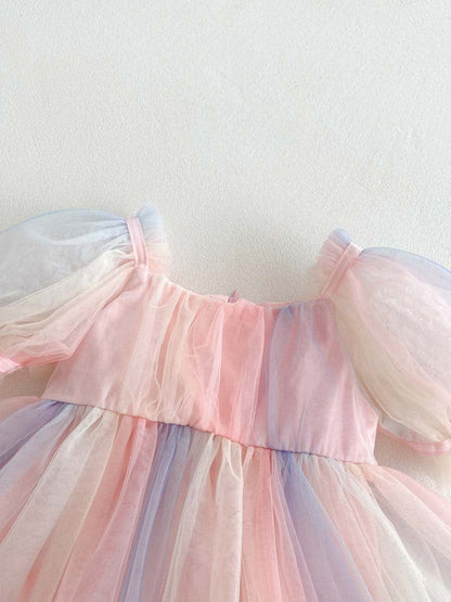 半袖ロンパース レインボーチュール半袖パフスリーブドレスロンパース【mh0010321】