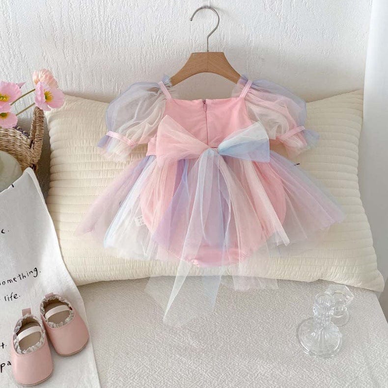 半袖ロンパース レインボーチュール半袖パフスリーブドレスロンパース【mh0010321】