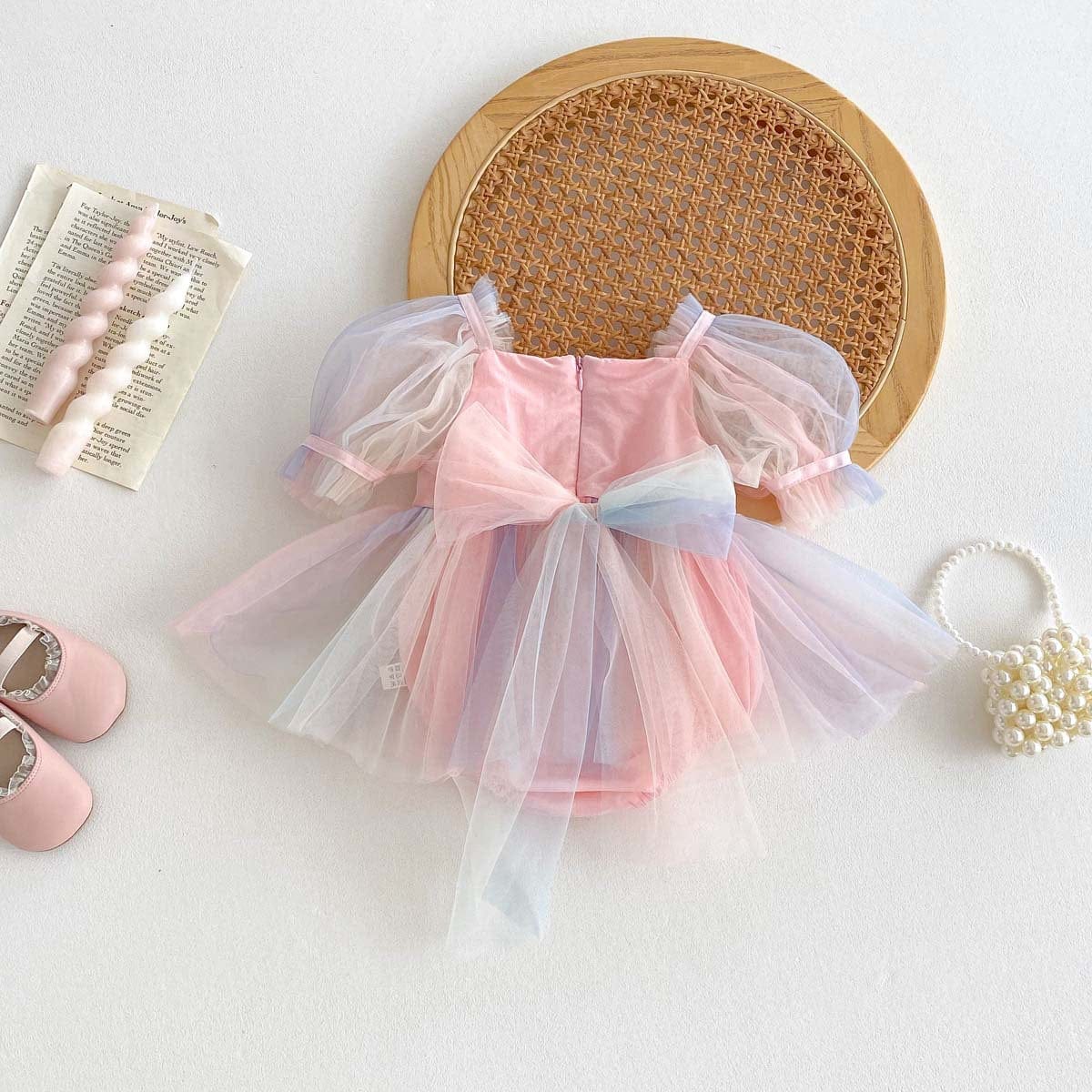 半袖ロンパース レインボーチュール半袖パフスリーブドレスロンパース【mh0010321】