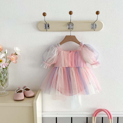 半袖ロンパース レインボーチュール半袖パフスリーブドレスロンパース【mh0010321】