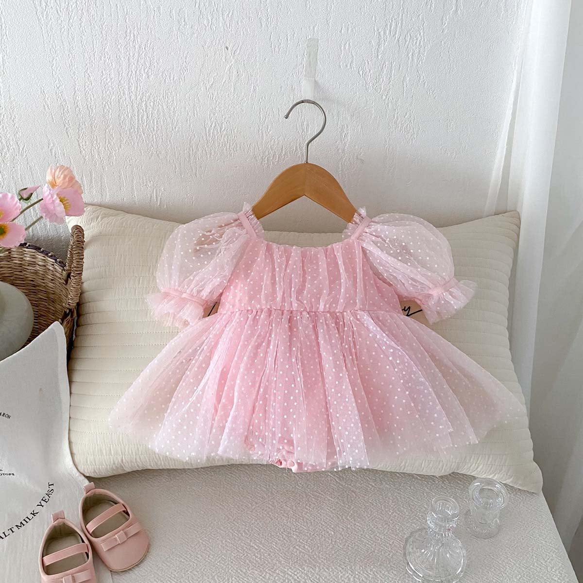 半袖ロンパース ピンドットチュール半袖パフスリーブドレスロンパース【mh0010324】