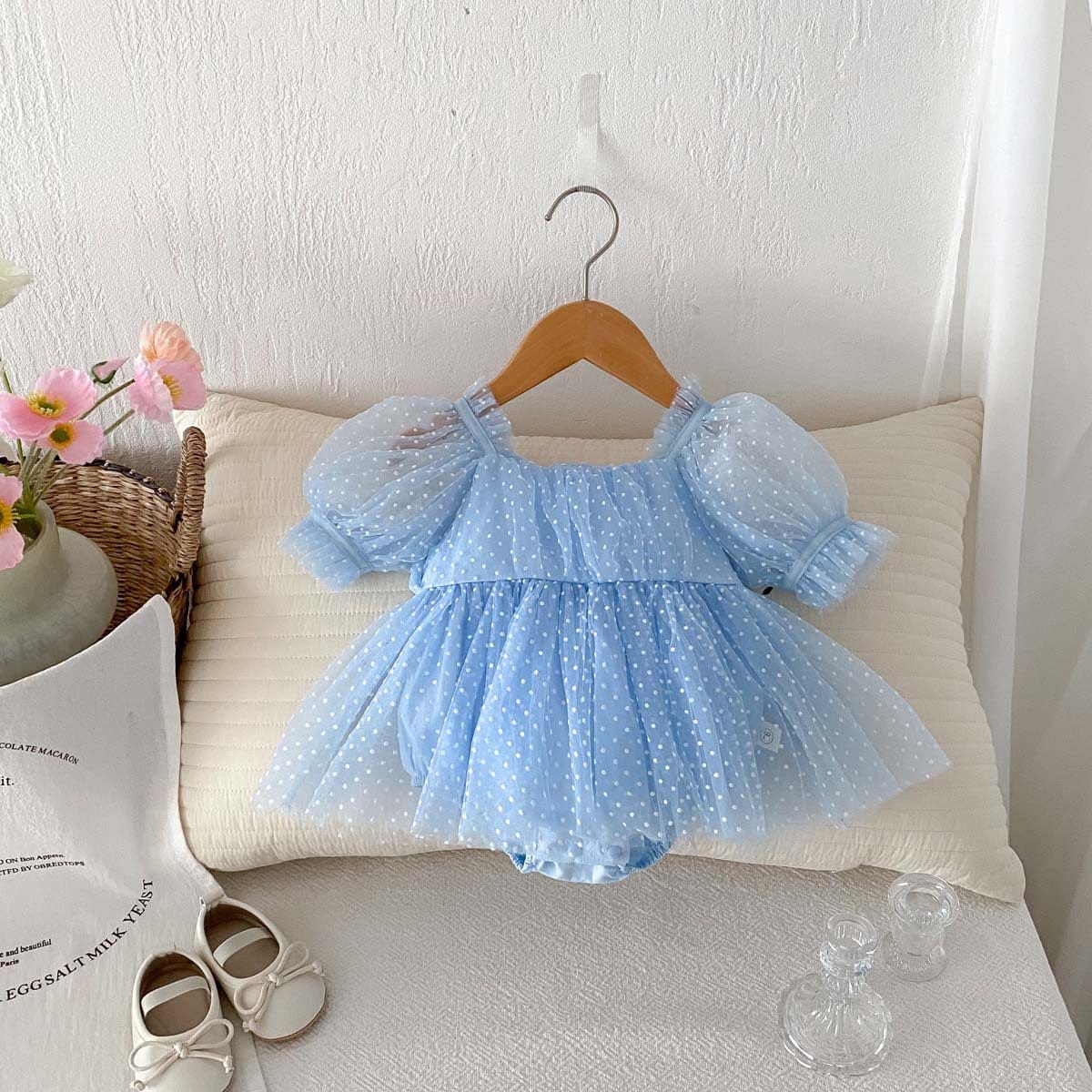 半袖ロンパース ピンドットチュール半袖パフスリーブドレスロンパース【mh0010324】