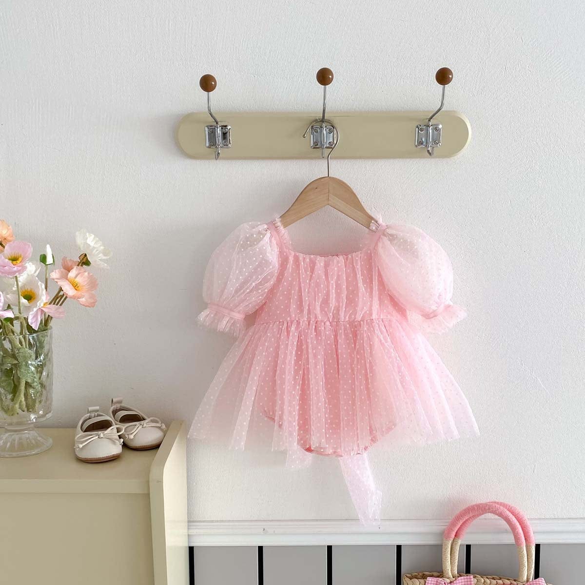 半袖ロンパース ピンドットチュール半袖パフスリーブドレスロンパース【mh0010324】