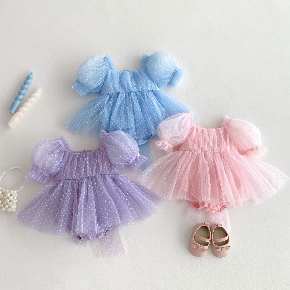 半袖ロンパース ピンドットチュール半袖パフスリーブドレスロンパース【mh0010324】