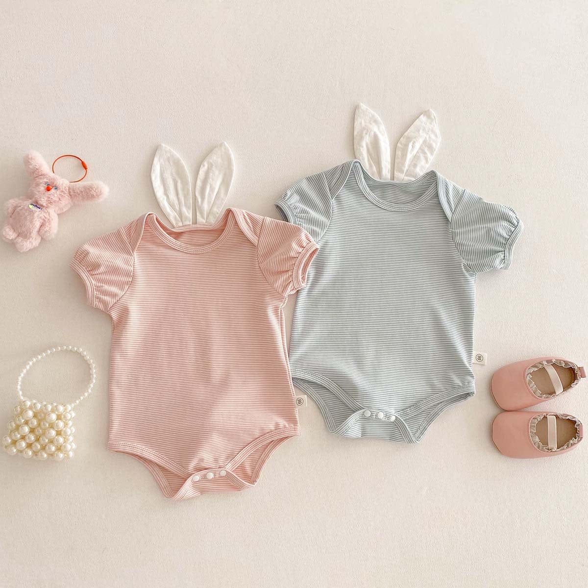 半袖ロンパース うさ耳ボーダー半袖ロンパース【mh0010337】