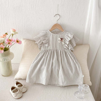 半袖セットアップ ストライプフリル半袖ワンピース/半袖シャツ+ショートパンツセット リンクコーデ【mh0010341】