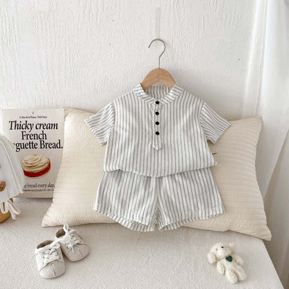 半袖セットアップ ストライプフリル半袖ワンピース/半袖シャツ+ショートパンツセット リンクコーデ【mh0010341】