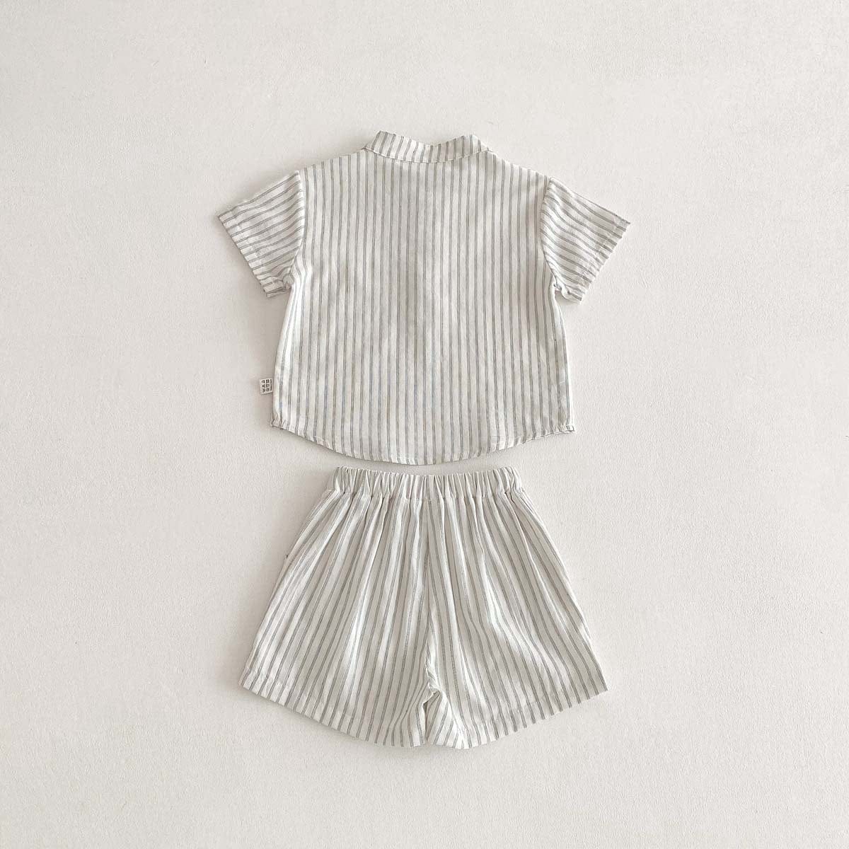 半袖セットアップ ストライプフリル半袖ワンピース/半袖シャツ+ショートパンツセット リンクコーデ【mh0010341】