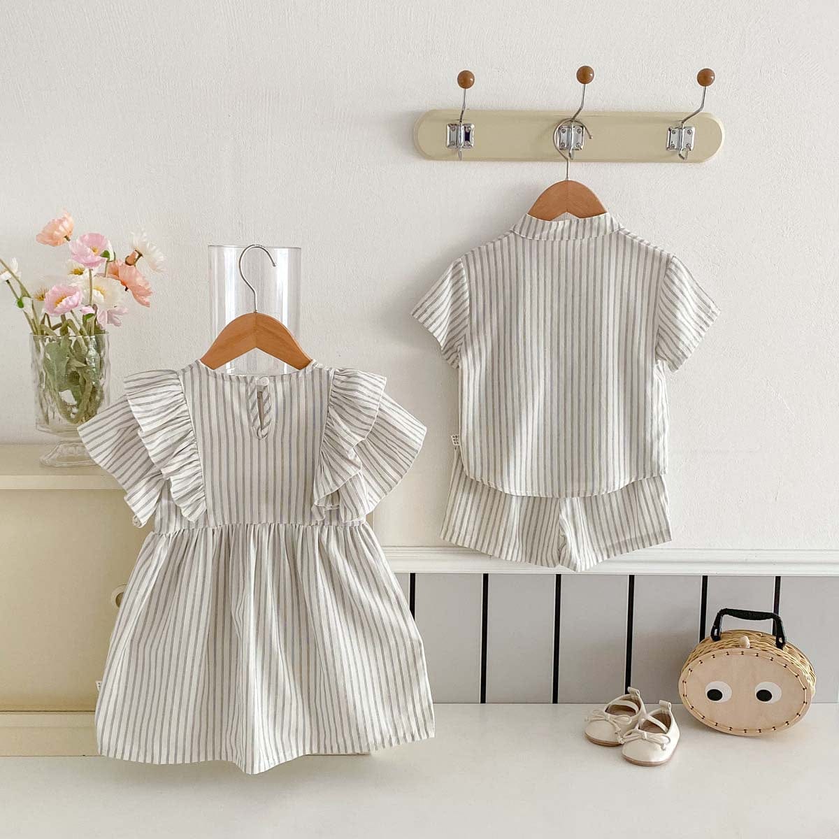 半袖セットアップ ストライプフリル半袖ワンピース/半袖シャツ+ショートパンツセット リンクコーデ【mh0010341】