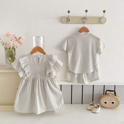 半袖セットアップ ストライプフリル半袖ワンピース/半袖シャツ+ショートパンツセット リンクコーデ【mh0010341】