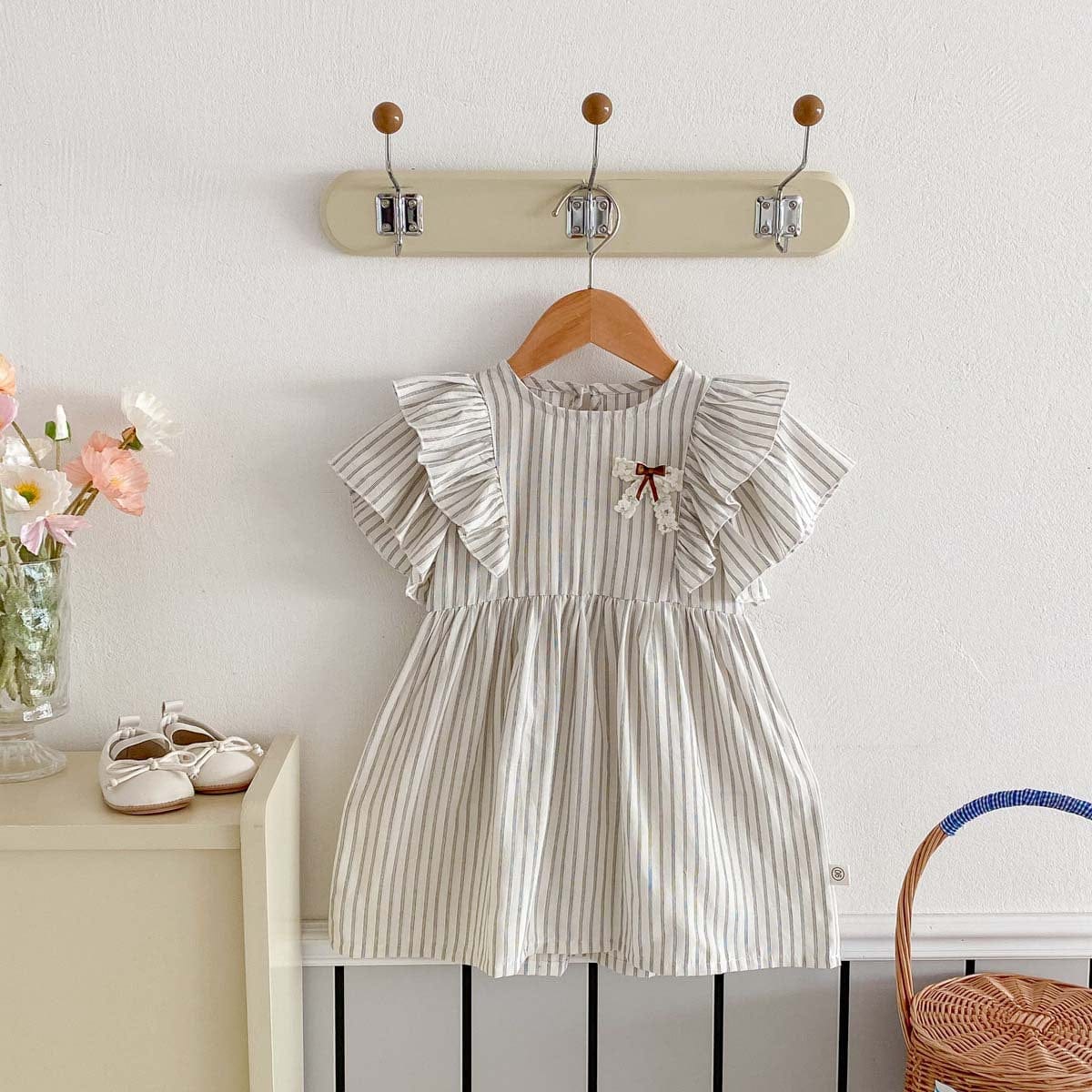 半袖セットアップ ストライプフリル半袖ワンピース/半袖シャツ+ショートパンツセット リンクコーデ【mh0010341】