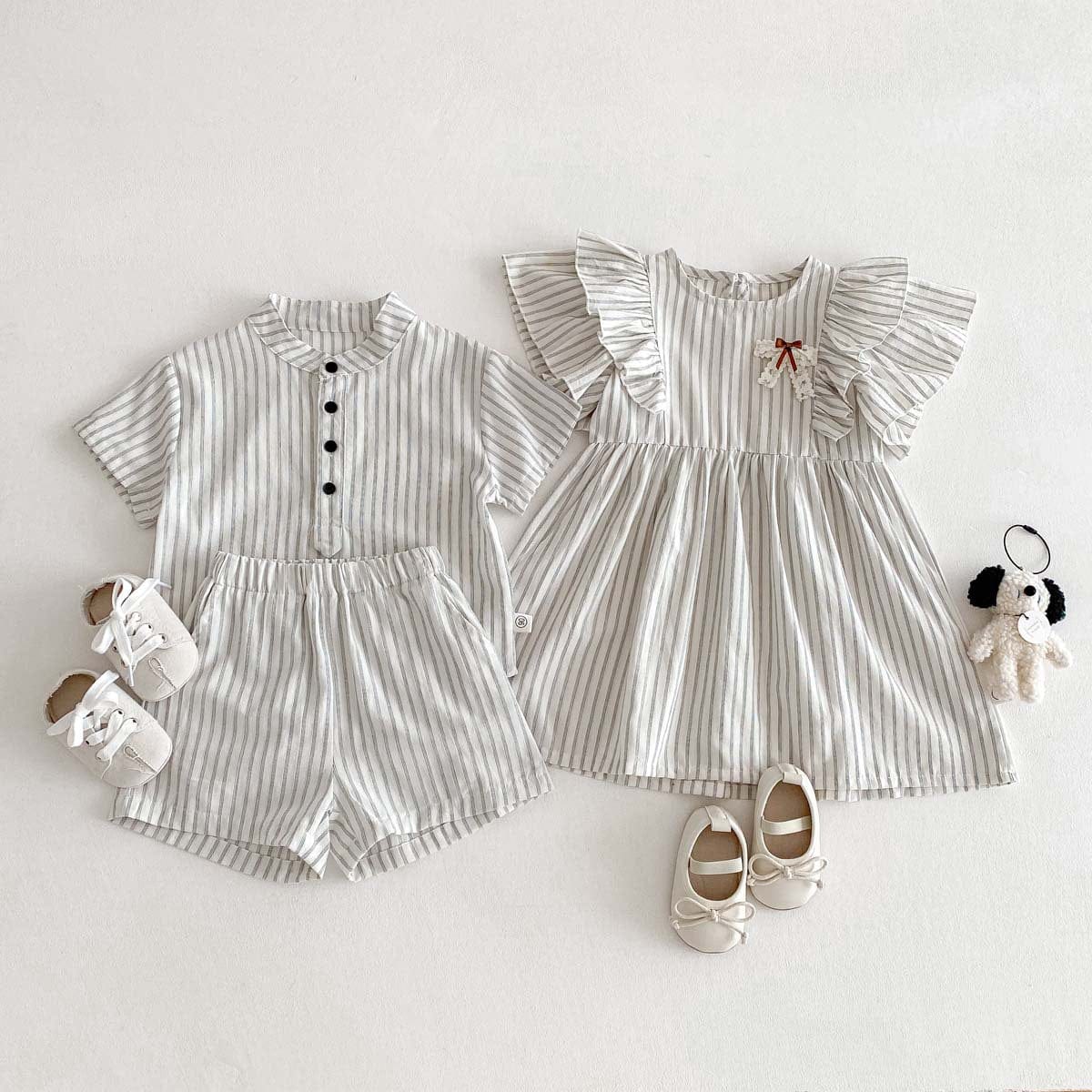 半袖セットアップ ストライプフリル半袖ワンピース/半袖シャツ+ショートパンツセット リンクコーデ【mh0010341】