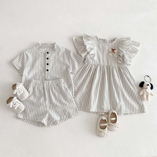 半袖セットアップ ストライプフリル半袖ワンピース/半袖シャツ+ショートパンツセット リンクコーデ【mh0010341】