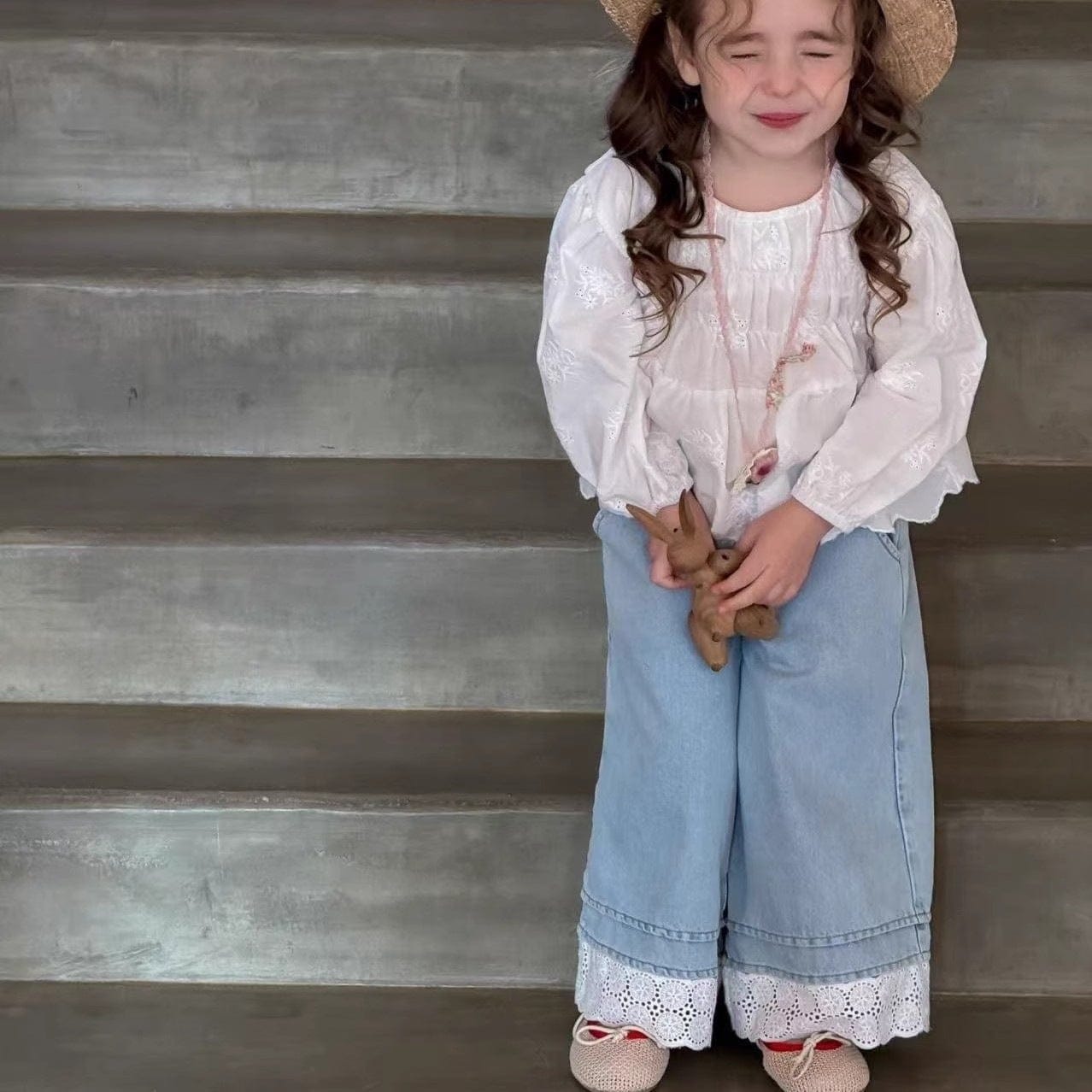 デニムパンツ 裾レースワイドルーズデニムパンツジーンズ【mh0010360】