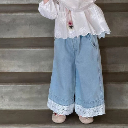 デニムパンツ 裾レースワイドルーズデニムパンツジーンズ【mh0010360】