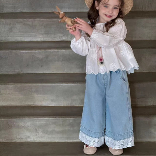 デニムパンツ 裾レースワイドルーズデニムパンツジーンズ【mh0010360】