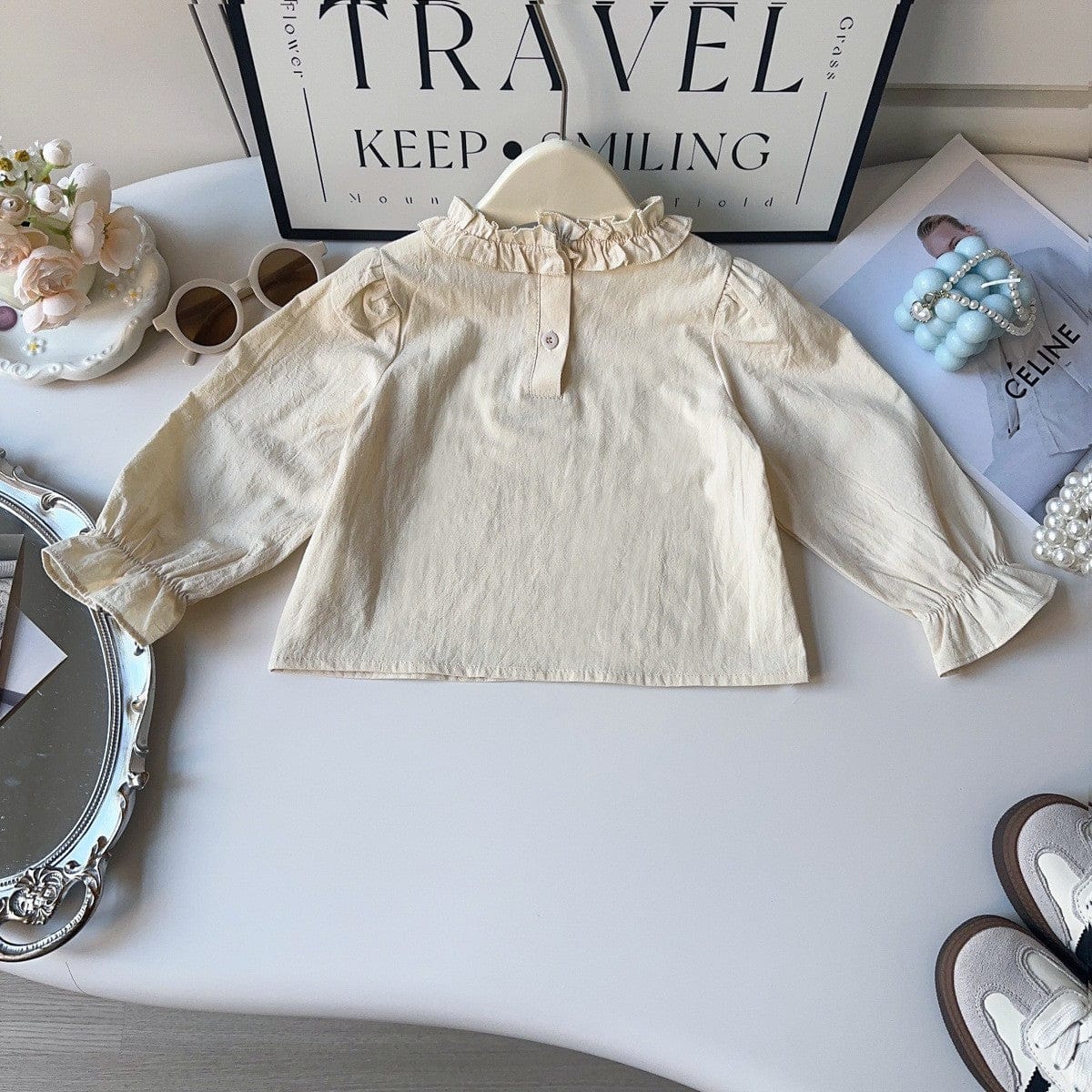 長袖セットアップ デニムフリルノースリーブベスト+ルーズロングパンツ/スタンドフリル襟長袖ブラウス【mh0010361】