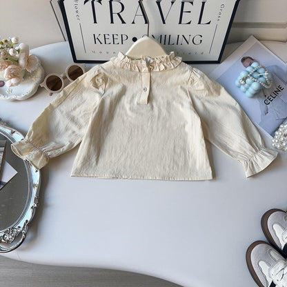 長袖セットアップ デニムフリルノースリーブベスト+ルーズロングパンツ/スタンドフリル襟長袖ブラウス【mh0010361】