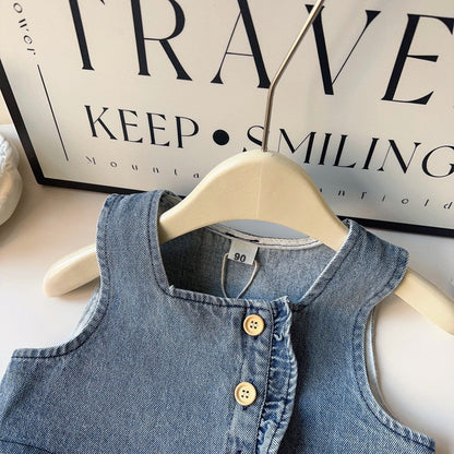 長袖セットアップ デニムフリルノースリーブベスト+ルーズロングパンツ/スタンドフリル襟長袖ブラウス【mh0010361】