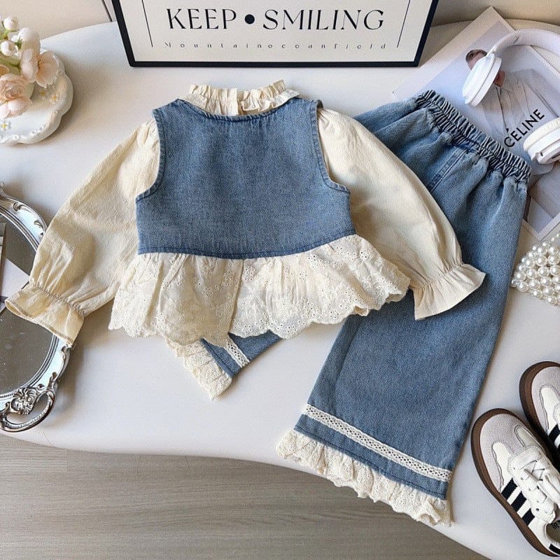 長袖セットアップ デニムフリルノースリーブベスト+ルーズロングパンツ/スタンドフリル襟長袖ブラウス【mh0010361】