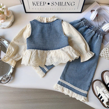 長袖セットアップ デニムフリルノースリーブベスト+ルーズロングパンツ/スタンドフリル襟長袖ブラウス【mh0010361】