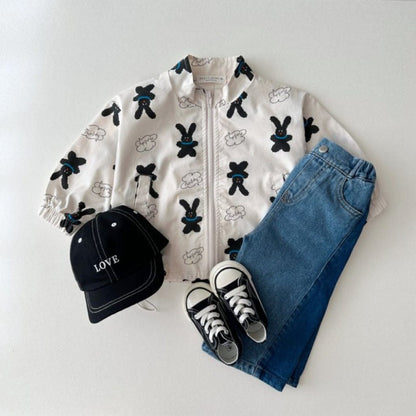 ショートコート・ジャケット・ジャンパー ベアくま/うさぎプリントドロストウィンドブレーカージャケット【mh0010362】