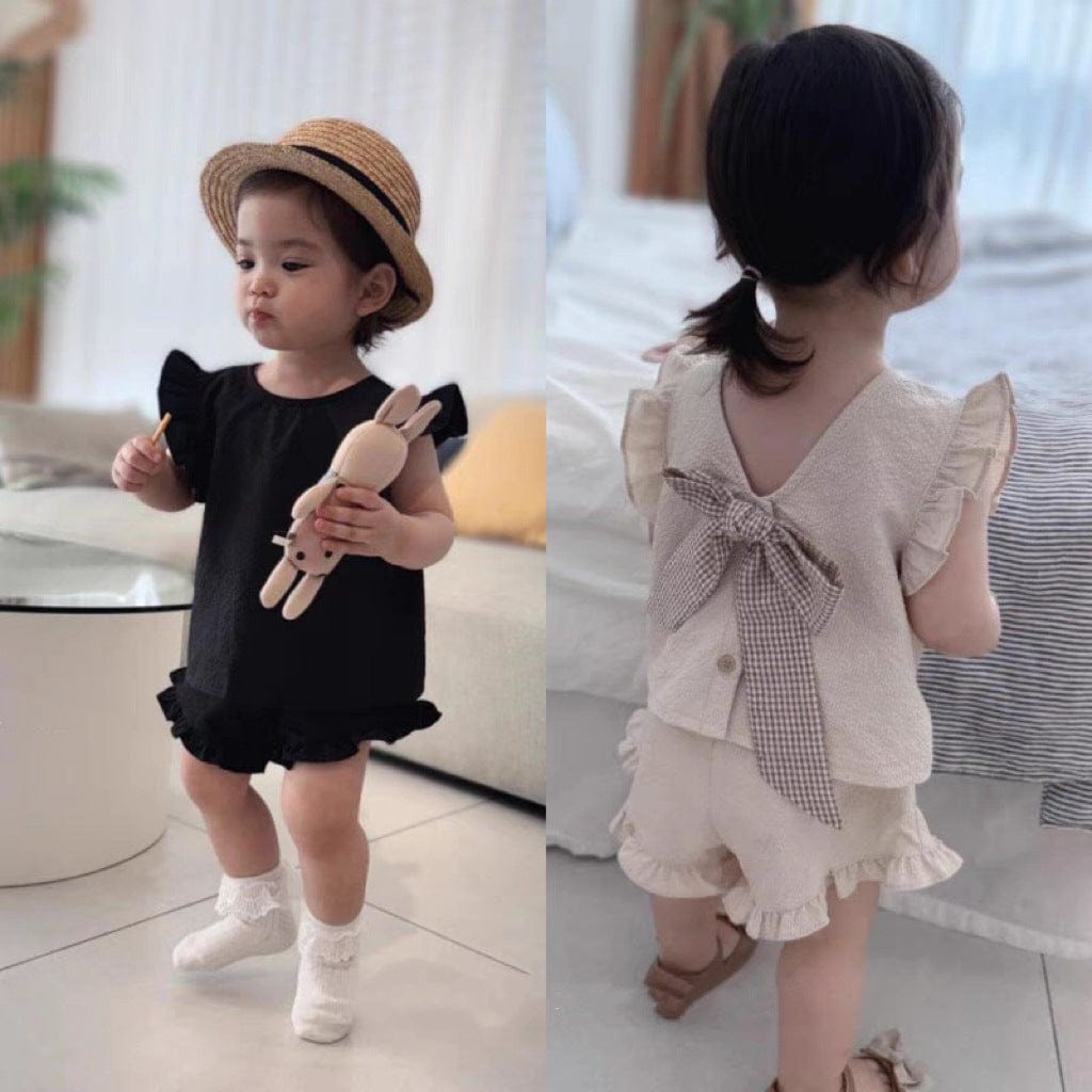 ノースリーブセットアップ バックリボンフリルショルダーブラウス+ショートパンツセット【mh0010368】