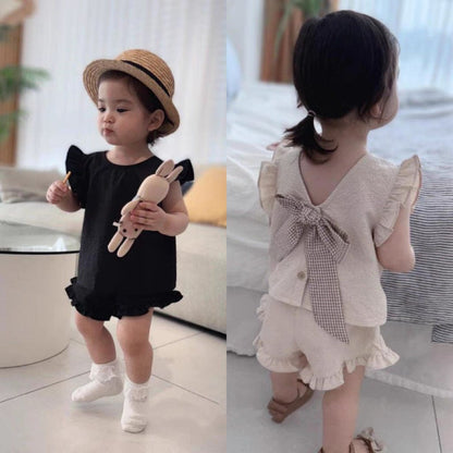 ノースリーブセットアップ バックリボンフリルショルダーブラウス+ショートパンツセット【mh0010368】