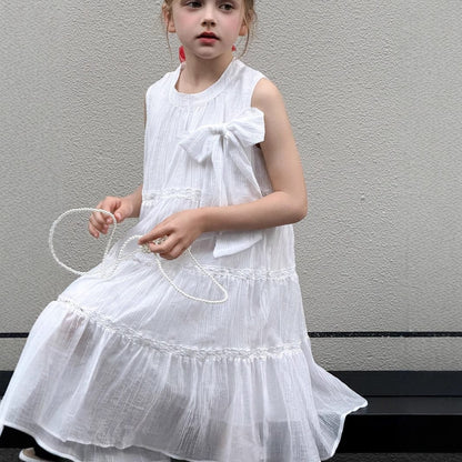 タンクトップ・キャミソール・ノースリーブトップス ビッグリボンノースリーブサマードレスワンピース【mh0010380】