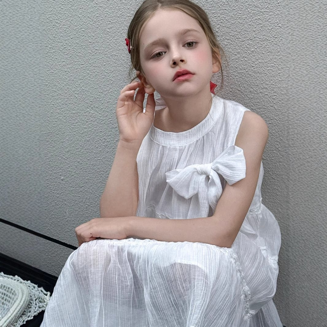 タンクトップ・キャミソール・ノースリーブトップス ビッグリボンノースリーブサマードレスワンピース【mh0010380】