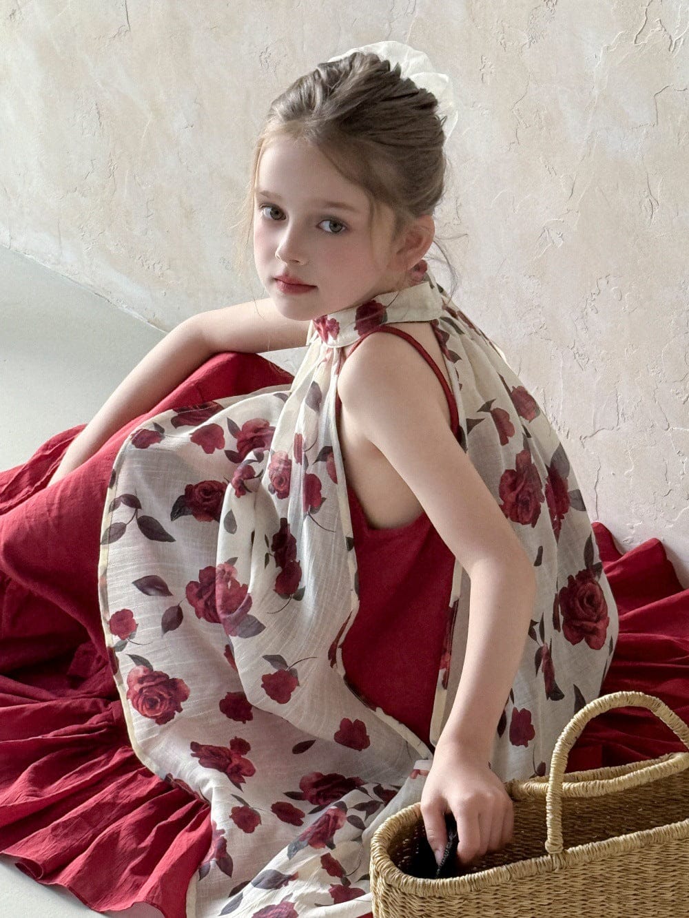 ノースリーブワンピース ローズフラワーホルターネックジレトップス+キャミソールワンピースセット【mh0010391】