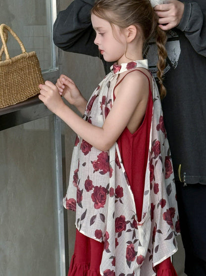 ノースリーブワンピース ローズフラワーホルターネックジレトップス+キャミソールワンピースセット【mh0010391】