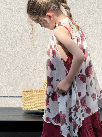 ノースリーブワンピース ローズフラワーホルターネックジレトップス+キャミソールワンピースセット【mh0010391】