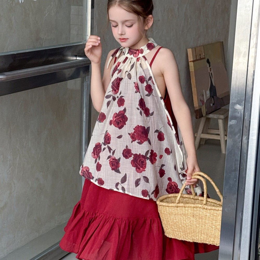 ノースリーブワンピース ローズフラワーホルターネックジレトップス+キャミソールワンピースセット【mh0010391】