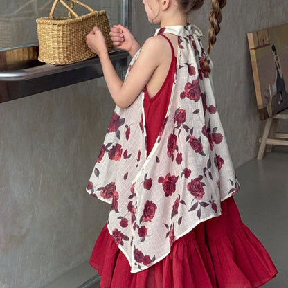 ノースリーブワンピース ローズフラワーホルターネックジレトップス+キャミソールワンピースセット【mh0010391】