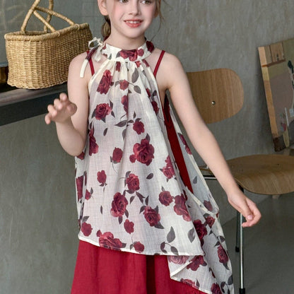 ノースリーブワンピース ローズフラワーホルターネックジレトップス+キャミソールワンピースセット【mh0010391】