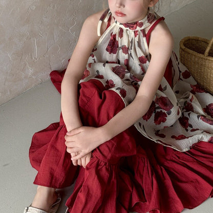 ノースリーブワンピース ローズフラワーホルターネックジレトップス+キャミソールワンピースセット【mh0010391】