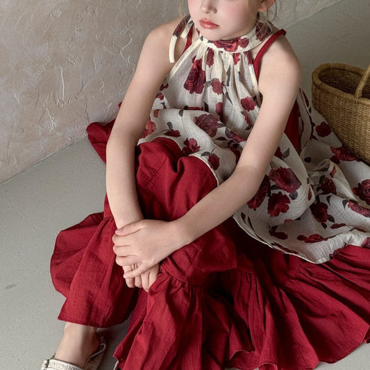 ノースリーブワンピース ローズフラワーホルターネックジレトップス+キャミソールワンピースセット【mh0010391】