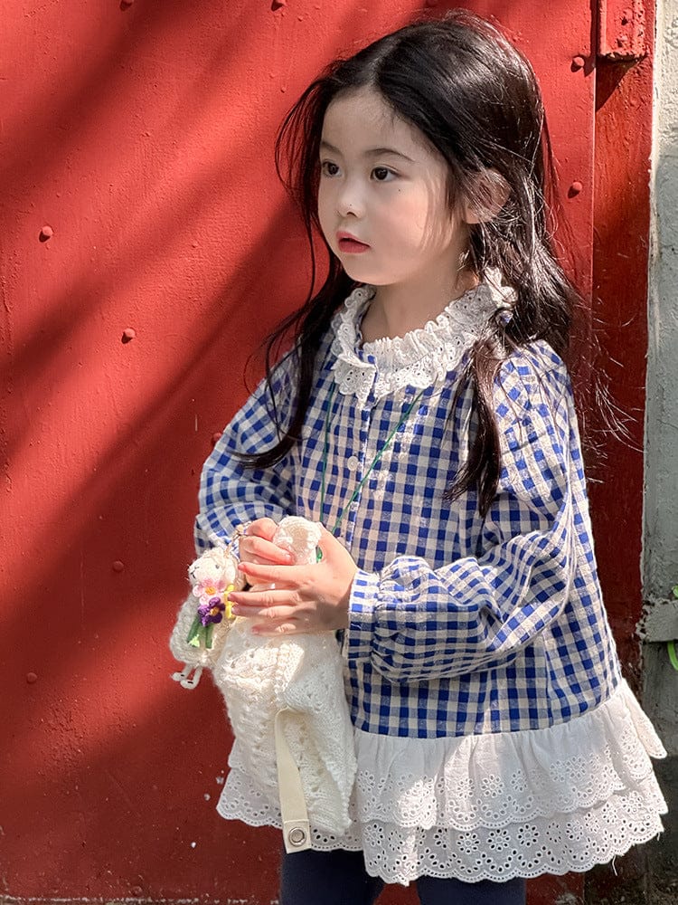 長袖シャツ・ブラウス ペプラムレースフリルチェック長袖ブラウス【mh0010564】