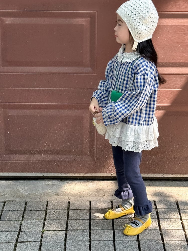 長袖シャツ・ブラウス ペプラムレースフリルチェック長袖ブラウス【mh0010564】