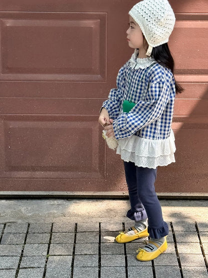 長袖シャツ・ブラウス ペプラムレースフリルチェック長袖ブラウス【mh0010564】