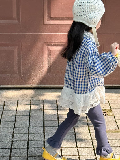 長袖シャツ・ブラウス ペプラムレースフリルチェック長袖ブラウス【mh0010564】