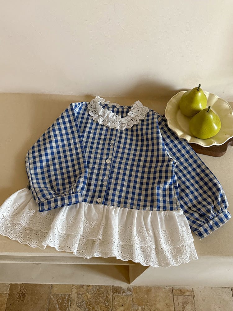 長袖シャツ・ブラウス ペプラムレースフリルチェック長袖ブラウス【mh0010564】