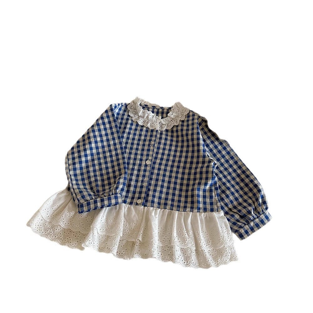 長袖シャツ・ブラウス ペプラムレースフリルチェック長袖ブラウス【mh0010564】