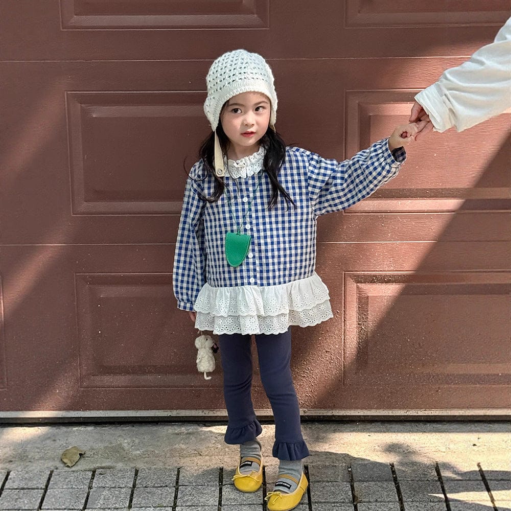 長袖シャツ・ブラウス ペプラムレースフリルチェック長袖ブラウス【mh0010564】