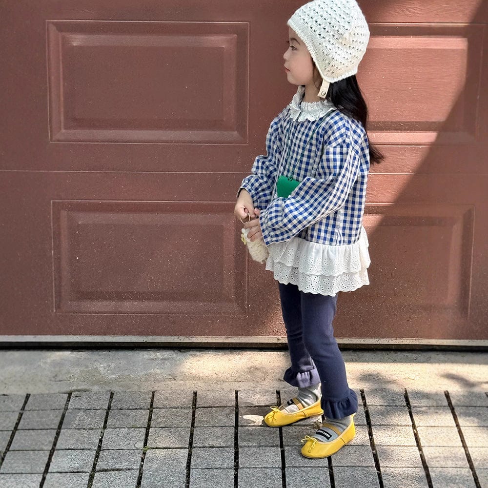 長袖シャツ・ブラウス ペプラムレースフリルチェック長袖ブラウス【mh0010564】