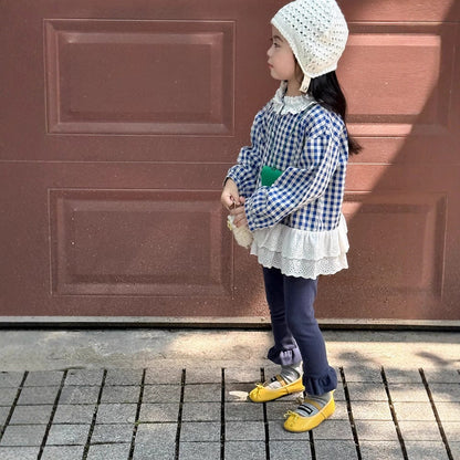 長袖シャツ・ブラウス ペプラムレースフリルチェック長袖ブラウス【mh0010564】