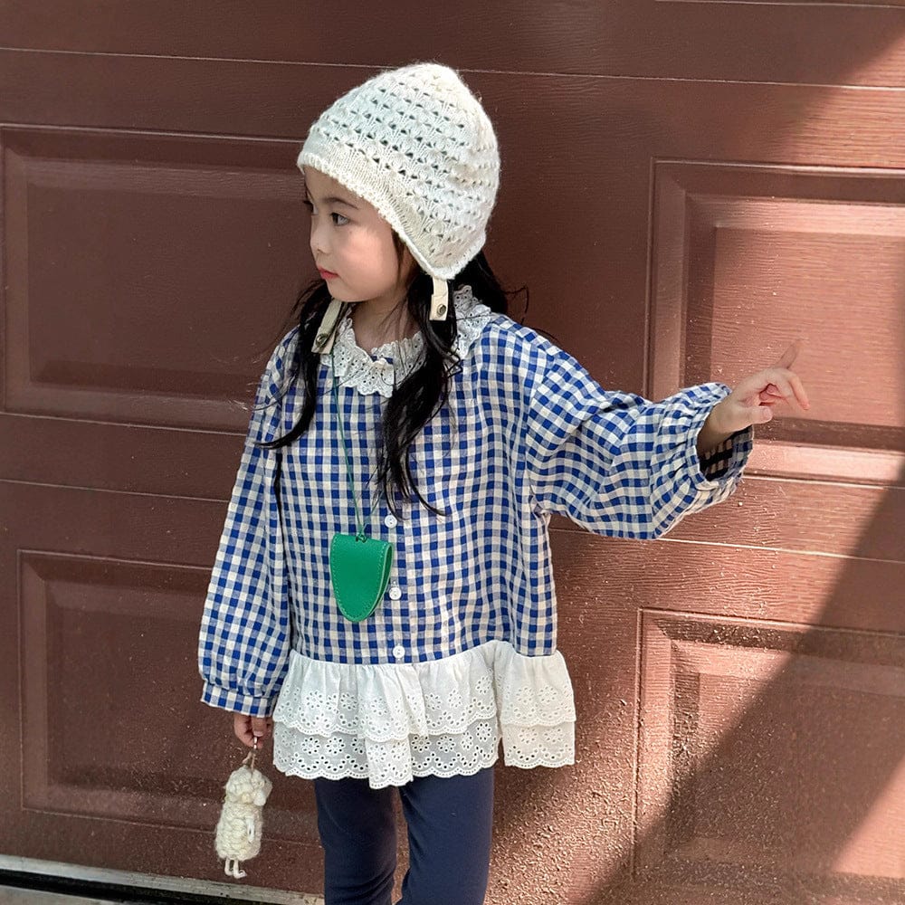 長袖シャツ・ブラウス ペプラムレースフリルチェック長袖ブラウス【mh0010564】