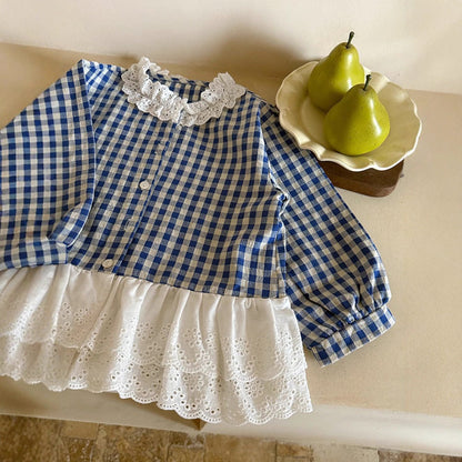 長袖シャツ・ブラウス ペプラムレースフリルチェック長袖ブラウス【mh0010564】